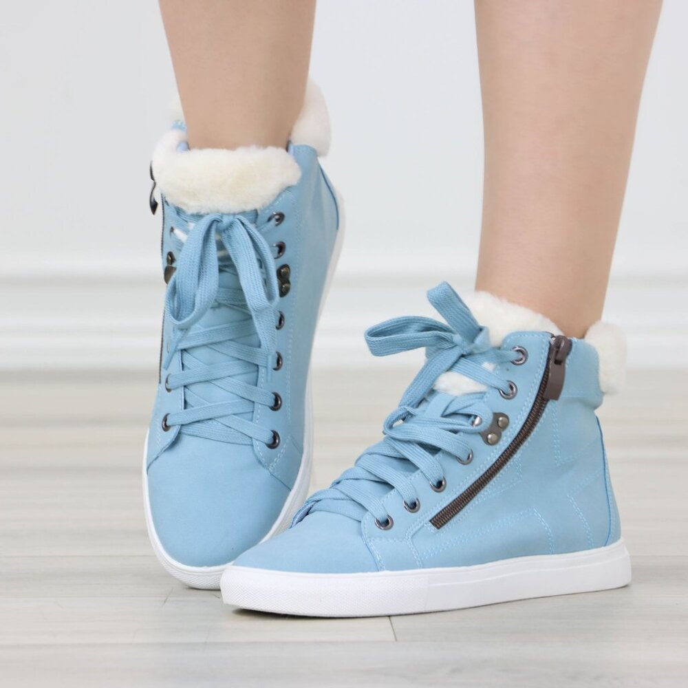 Light Blue High-Top Sneakers Faux Fur Ankle Trim Lace-Up Casual Comfort